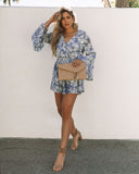 Myles Pocketed Floral Bell Sleeve Romper - Blue Ins Street