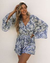 Myles Pocketed Floral Bell Sleeve Romper - Blue Ins Street