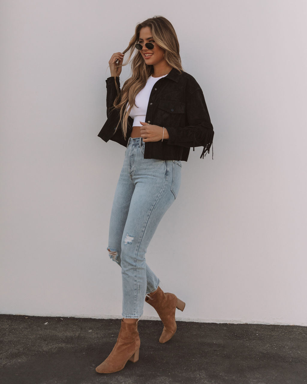 Daron Cropped Fringe Faux Suede Jacket - Black - FINAL SALE OLIV-001