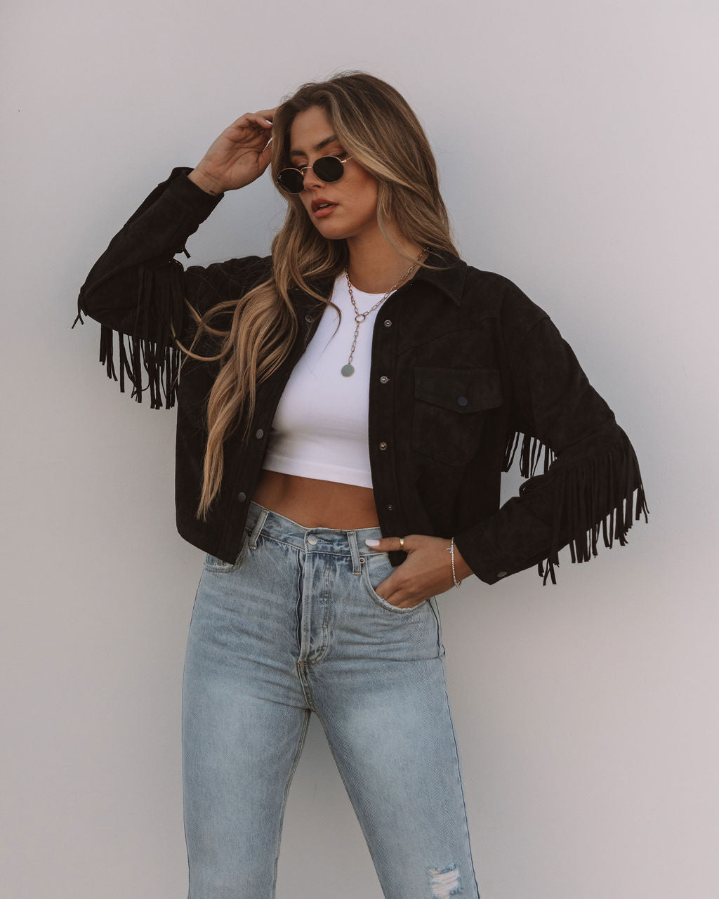 Daron Cropped Fringe Faux Suede Jacket - Black - FINAL SALE OLIV-001