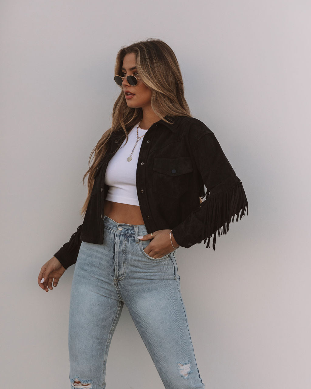 Daron Cropped Fringe Faux Suede Jacket - Black - FINAL SALE OLIV-001