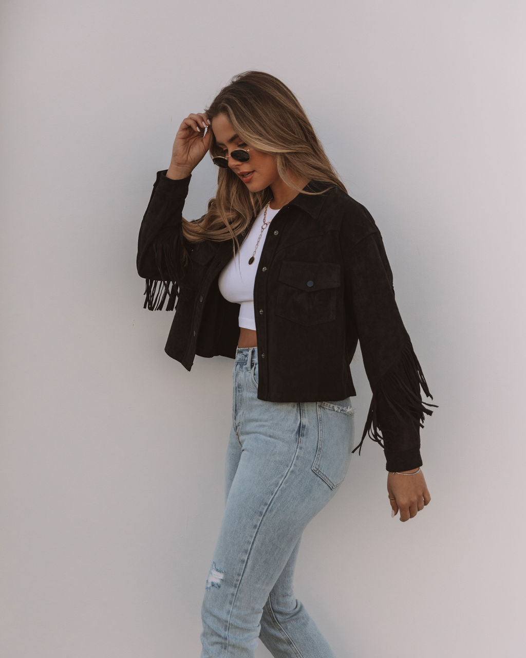 Daron Cropped Fringe Faux Suede Jacket - Black - FINAL SALE OLIV-001