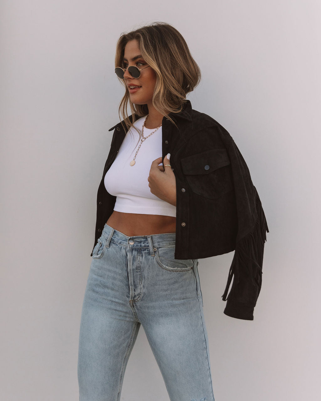 Daron Cropped Fringe Faux Suede Jacket - Black - FINAL SALE OLIV-001