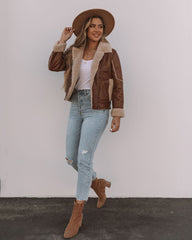 Shona Pocketed Faux Leather Sherpa Jacket - Brown Ins Street