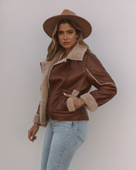 Shona Pocketed Faux Leather Sherpa Jacket - Brown Ins Street