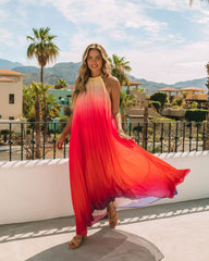 Mykonos Pleated Ombre Halter Maxi Dress - Pink Red Ins Street