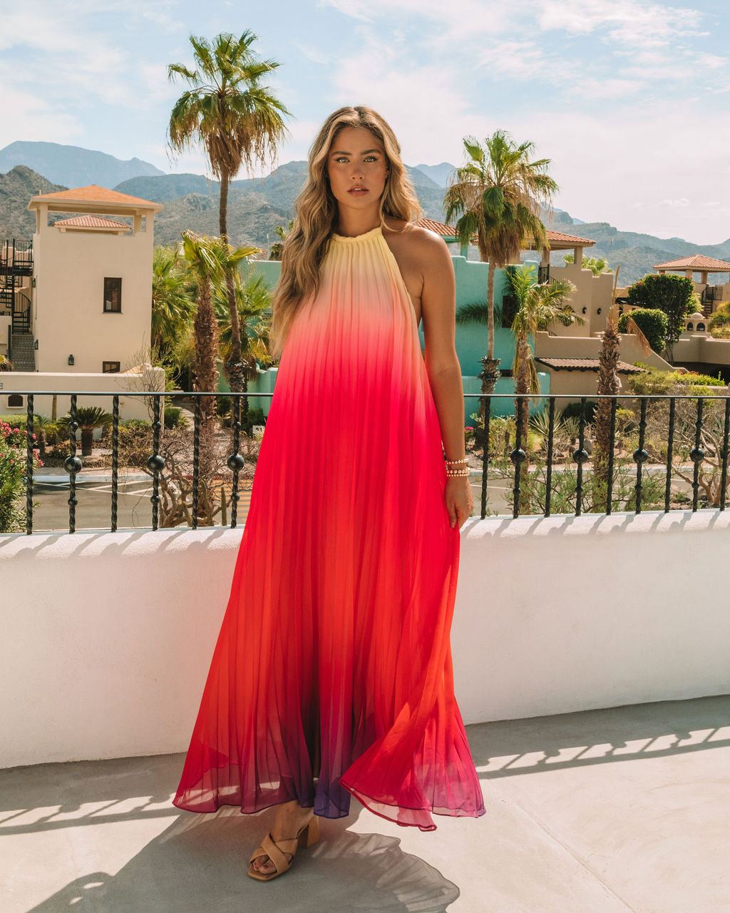 Mykonos Pleated Ombre Halter Maxi Dress - Pink Red Ins Street