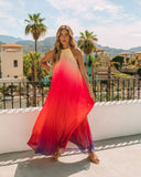 Mykonos Pleated Ombre Halter Maxi Dress - Pink Red Ins Street
