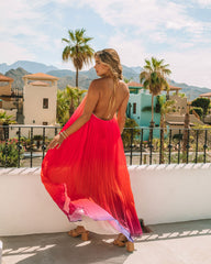 Mykonos Pleated Ombre Halter Maxi Dress - Pink Red Ins Street