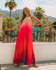 Mykonos Pleated Ombre Halter Maxi Dress - Pink Red Ins Street