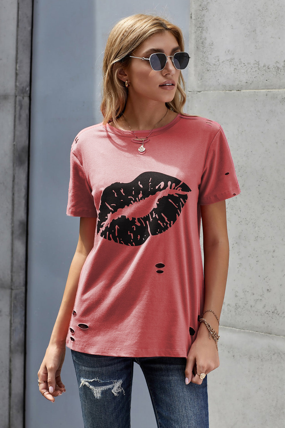 Leopard Lip Distressed T-Shirt Ins Street