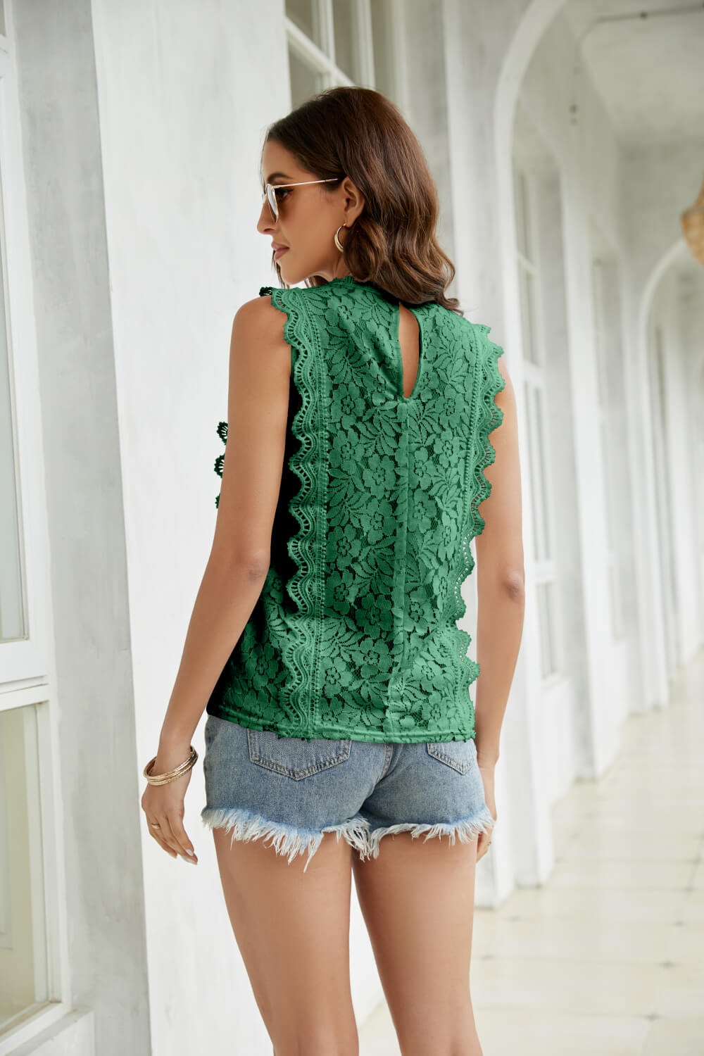 Lace Scalloped Keyhole V-Neck Tank Ins Street