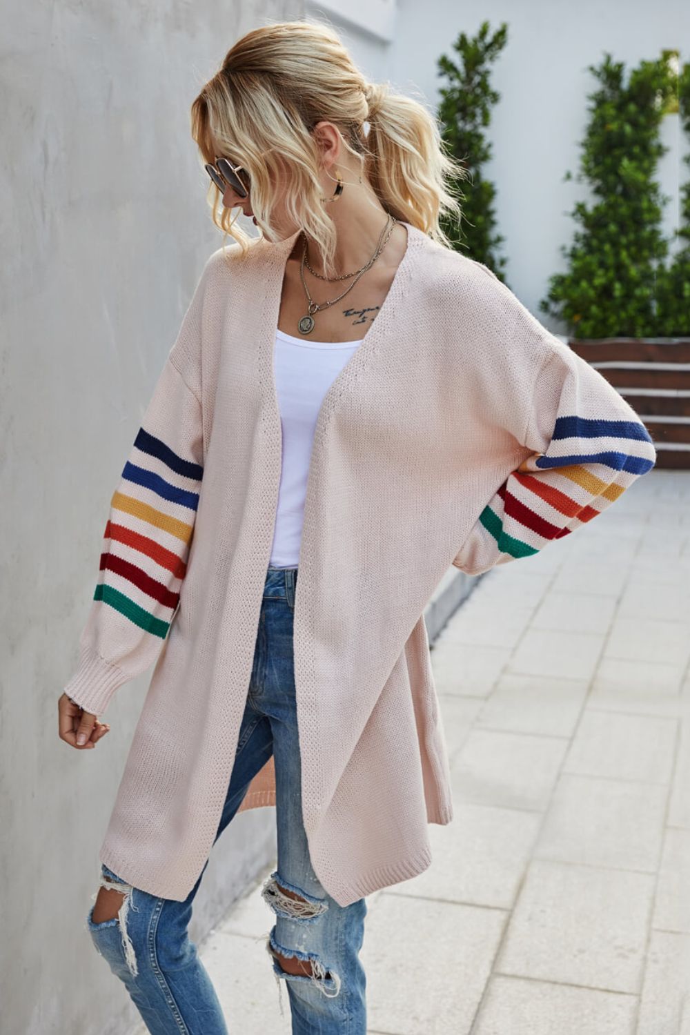 Multicolored Stripe Open Front Longline Cardigan Ins Street