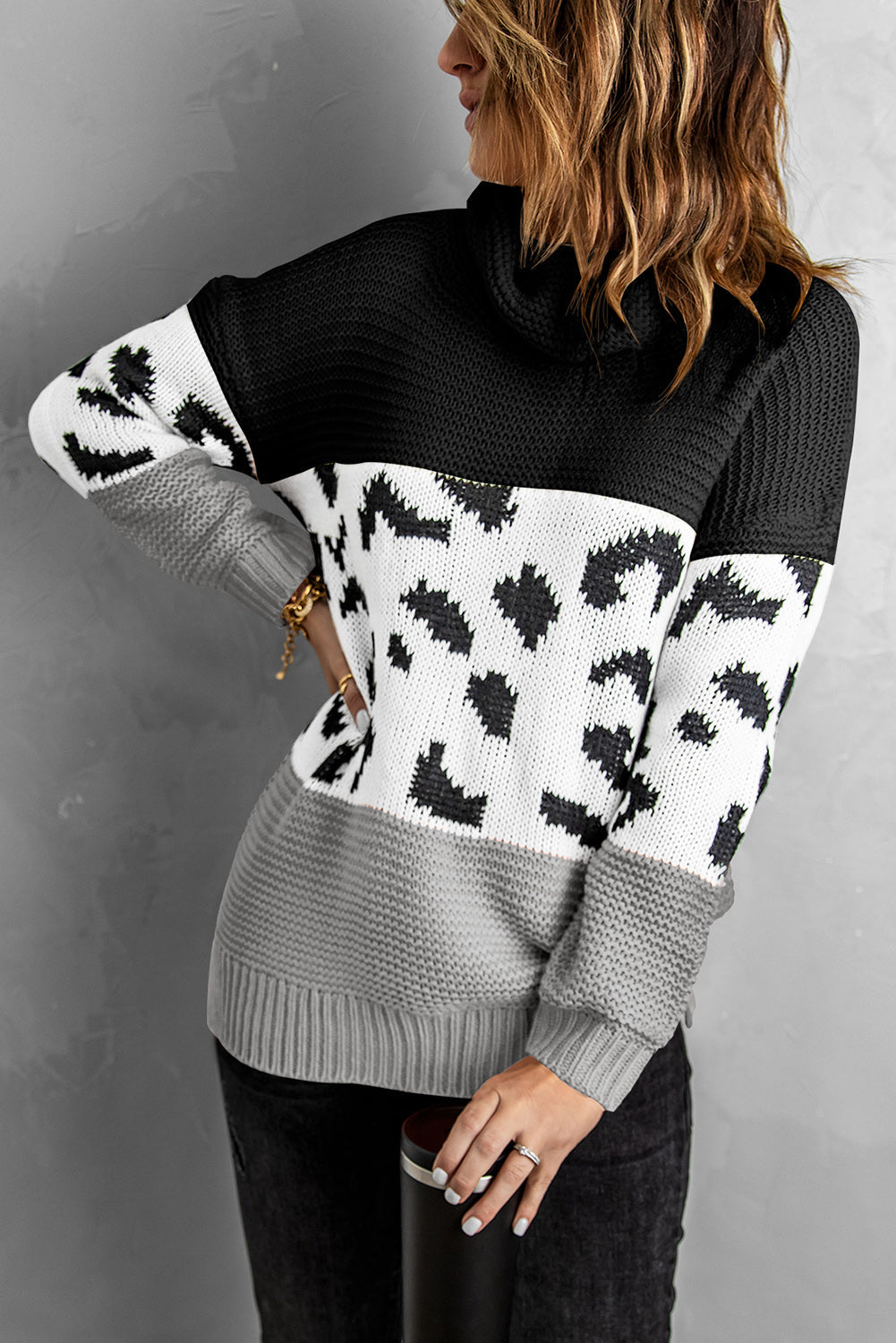 Patterned Color Block Turtleneck Sweater Ins Street