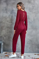 Drawstring Waist Round Neck Long Sleeve Jumpsuit Ins Street