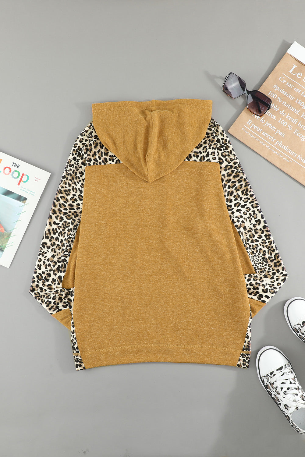 Leopard Print Sleeve Drawstring Hoodie Ins Street