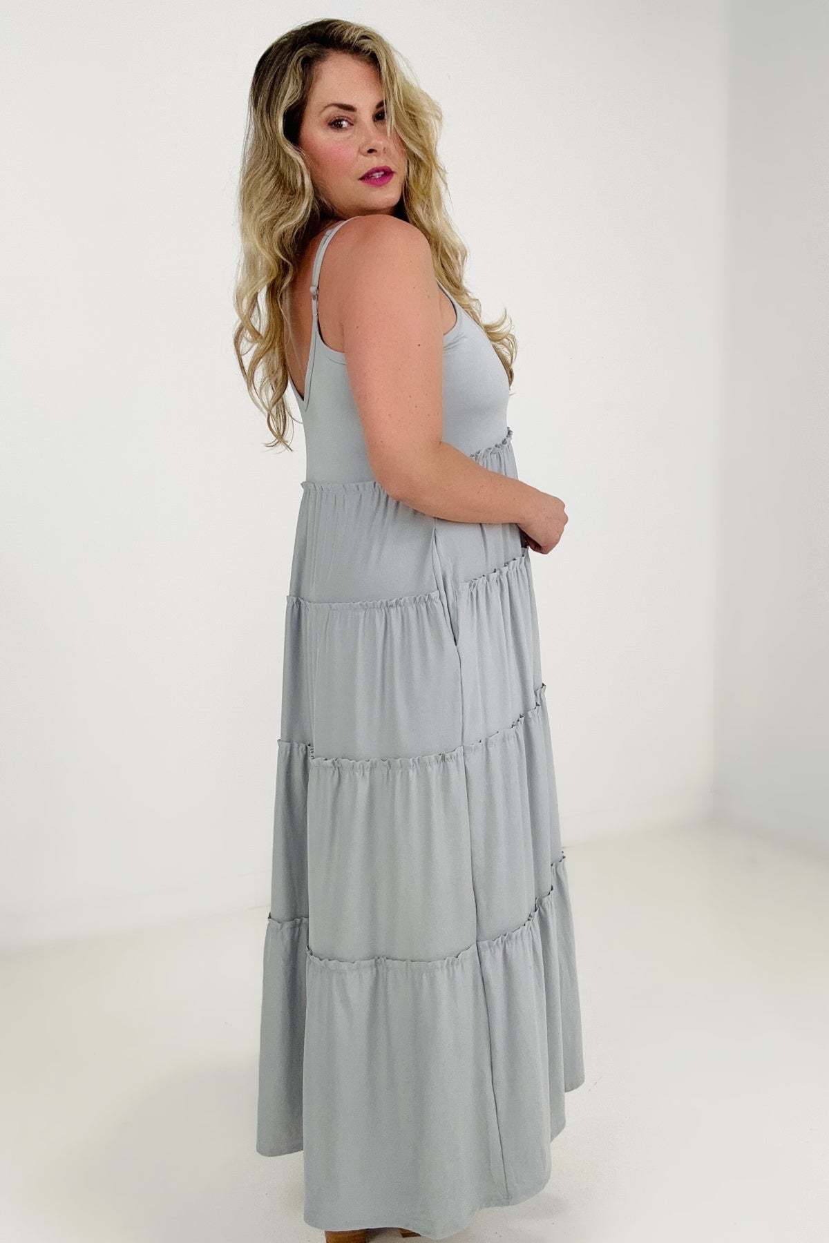 New Colors - Zenana V-Neck Cami Maxi Tiered Dress with Side Pockets Kiwidrop