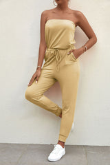 Drawstring Waist Strapless Jogger Jumpsuit Ins Street