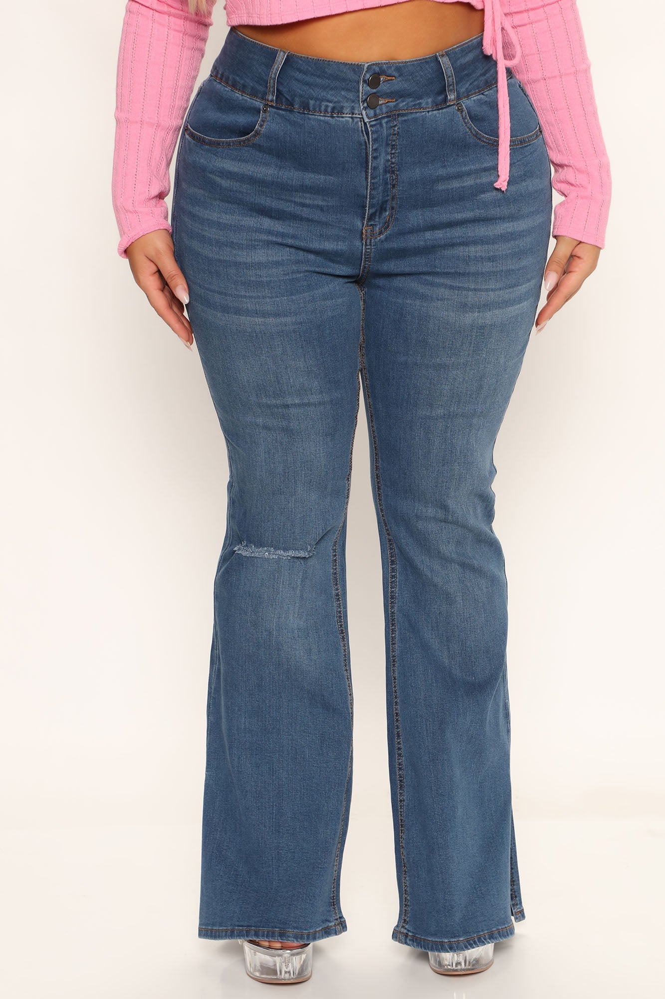 That's Hot Sculpting Split Hem Flare Jeans - Medium Blue Wash Ins Street