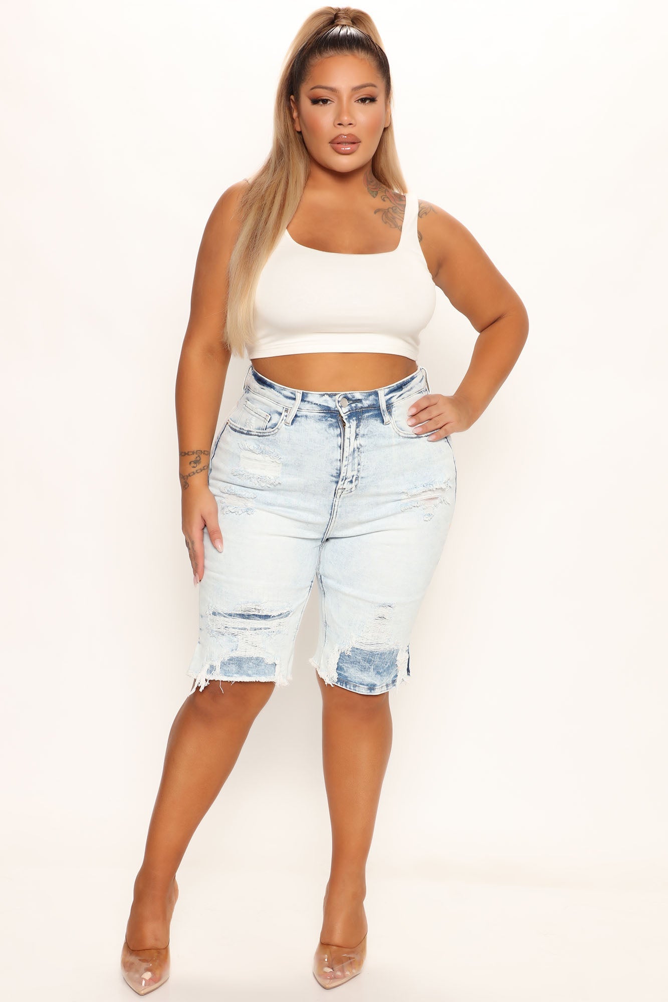 Girls Got It All Distressed Denim Bermudas - Light Blue Wash Ins Street