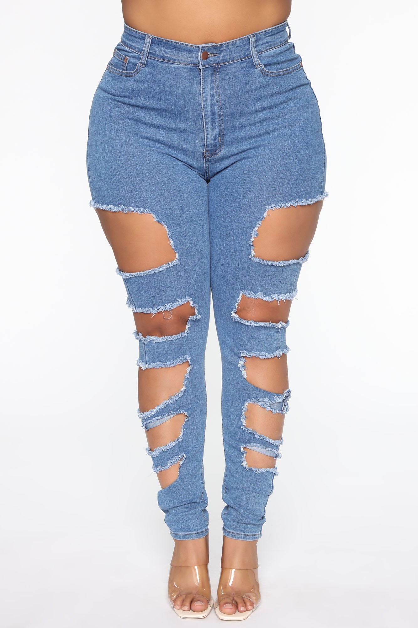 Around The Block Distressed Skinny Jeans - Medium Blue Wash Ins Street