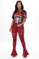 Fray What You Mean Flare Leg Jeans - Burgundy Ins Street