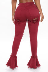 Fray What You Mean Flare Leg Jeans - Burgundy Ins Street