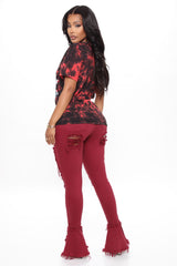 Fray What You Mean Flare Leg Jeans - Burgundy Ins Street