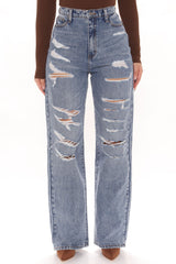 She's All That Distressed Wide Leg Jeans - Medium Blue Wash Ins Street