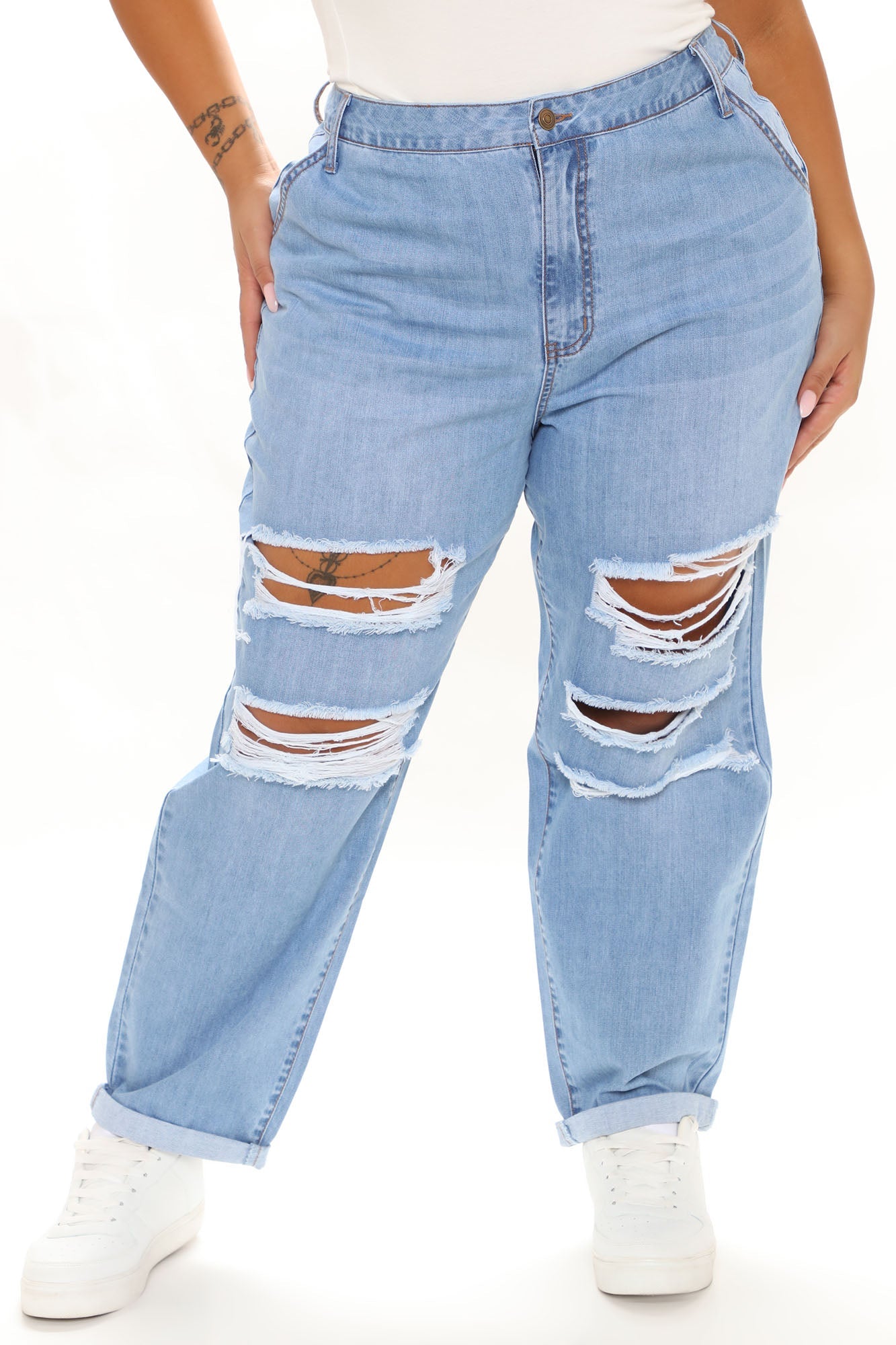 Keeping Secrets Non Stretch Ripped Boyfriend Jeans - Light Blue Wash Ins Street