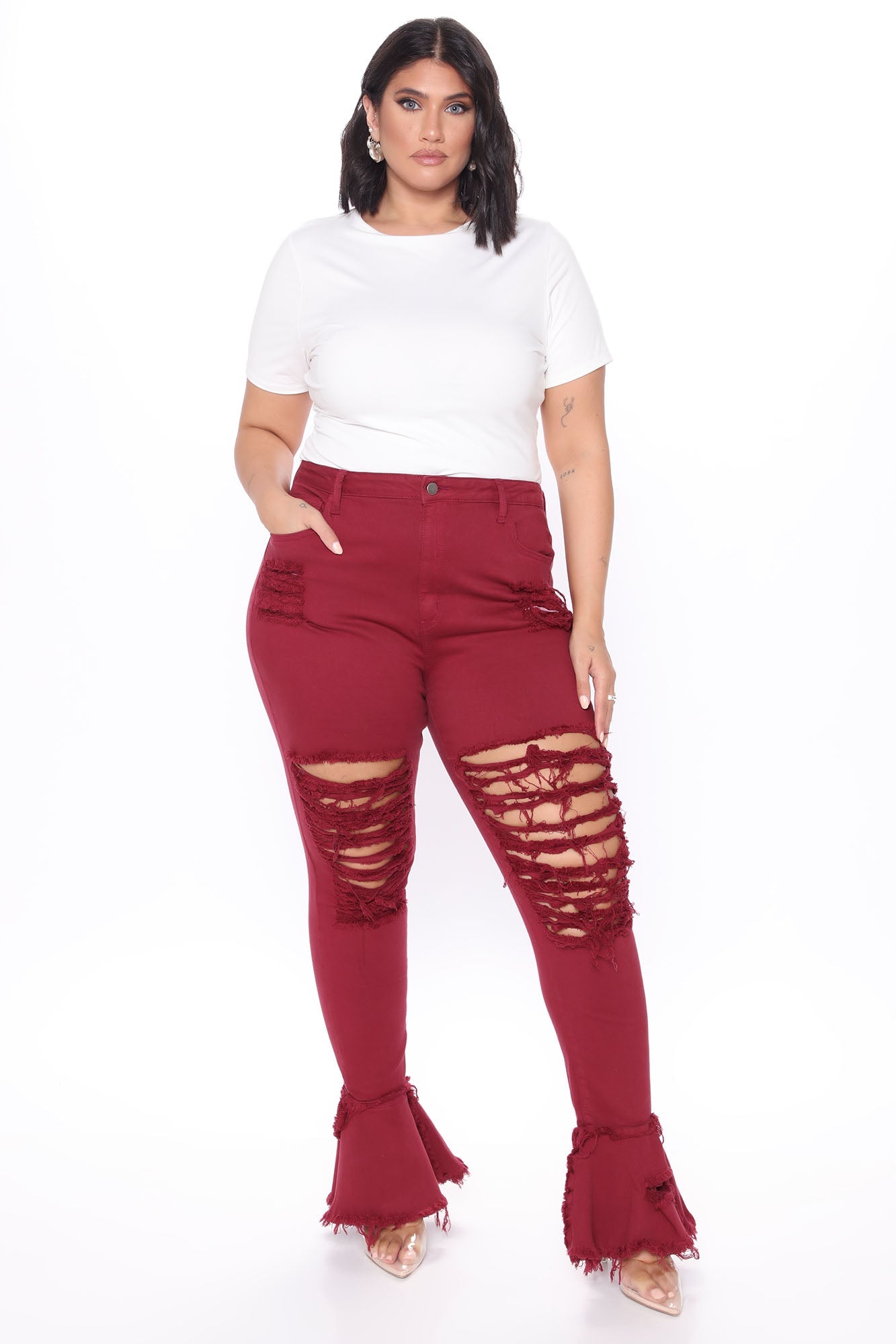 Fray What You Mean Flare Leg Jeans - Burgundy Ins Street