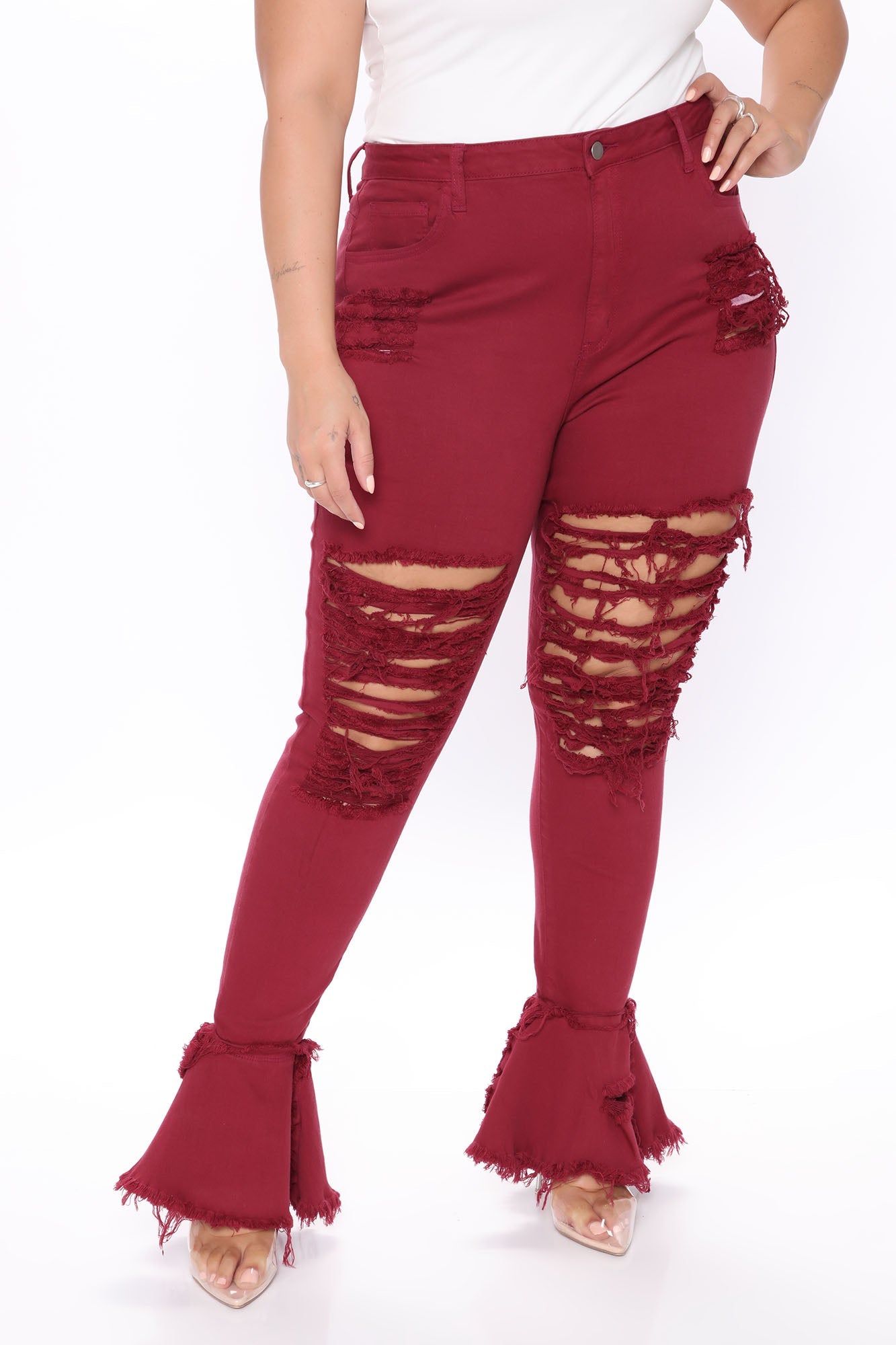 Fray What You Mean Flare Leg Jeans - Burgundy Ins Street