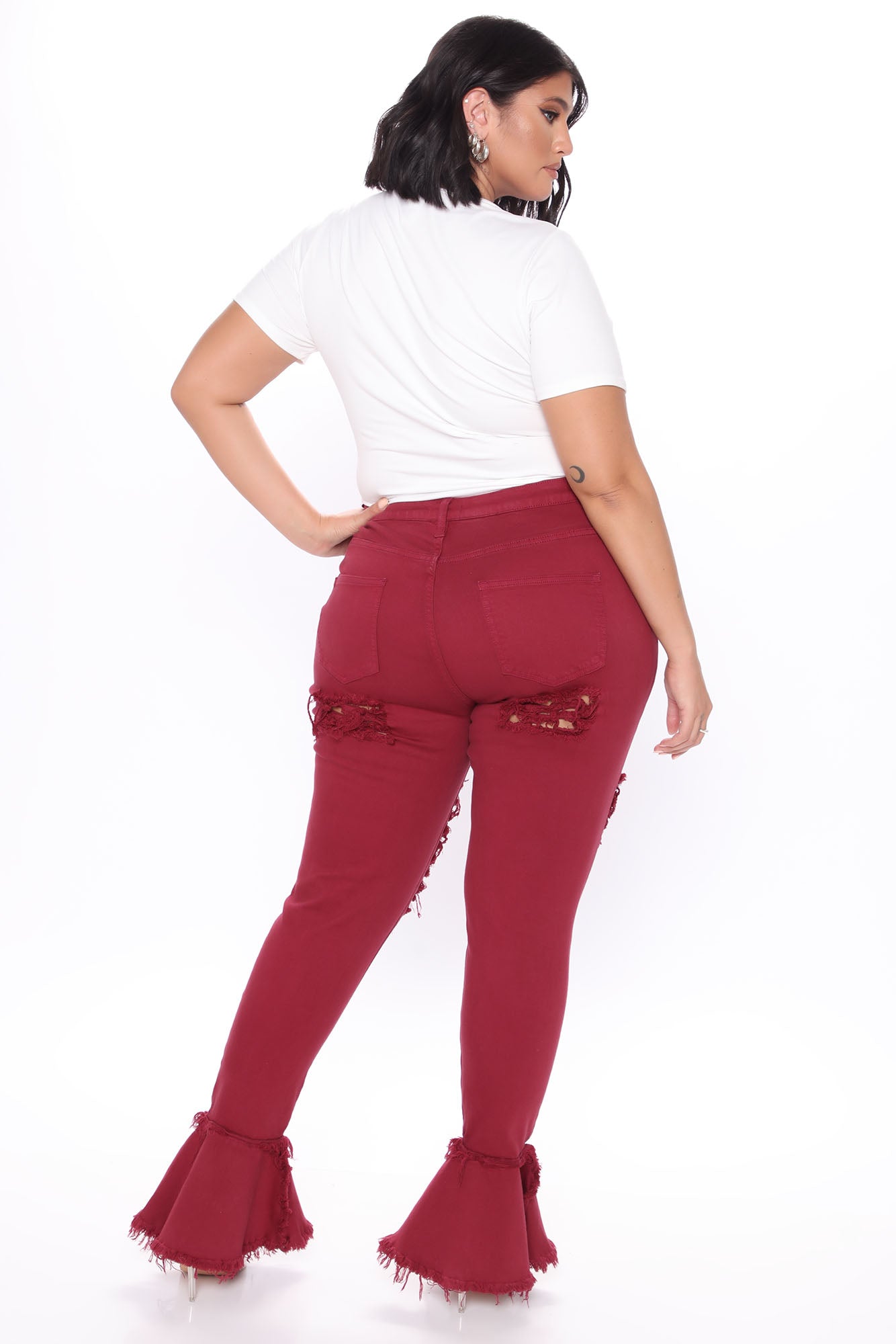 Fray What You Mean Flare Leg Jeans - Burgundy Ins Street