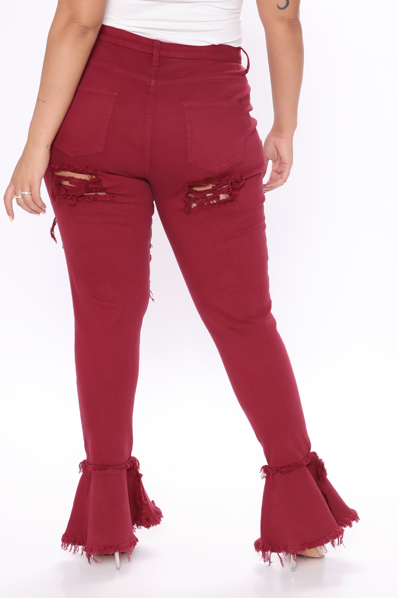 Fray What You Mean Flare Leg Jeans - Burgundy Ins Street