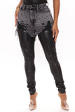Go With The Faux Leather Layered Jeans - Black Ins Street