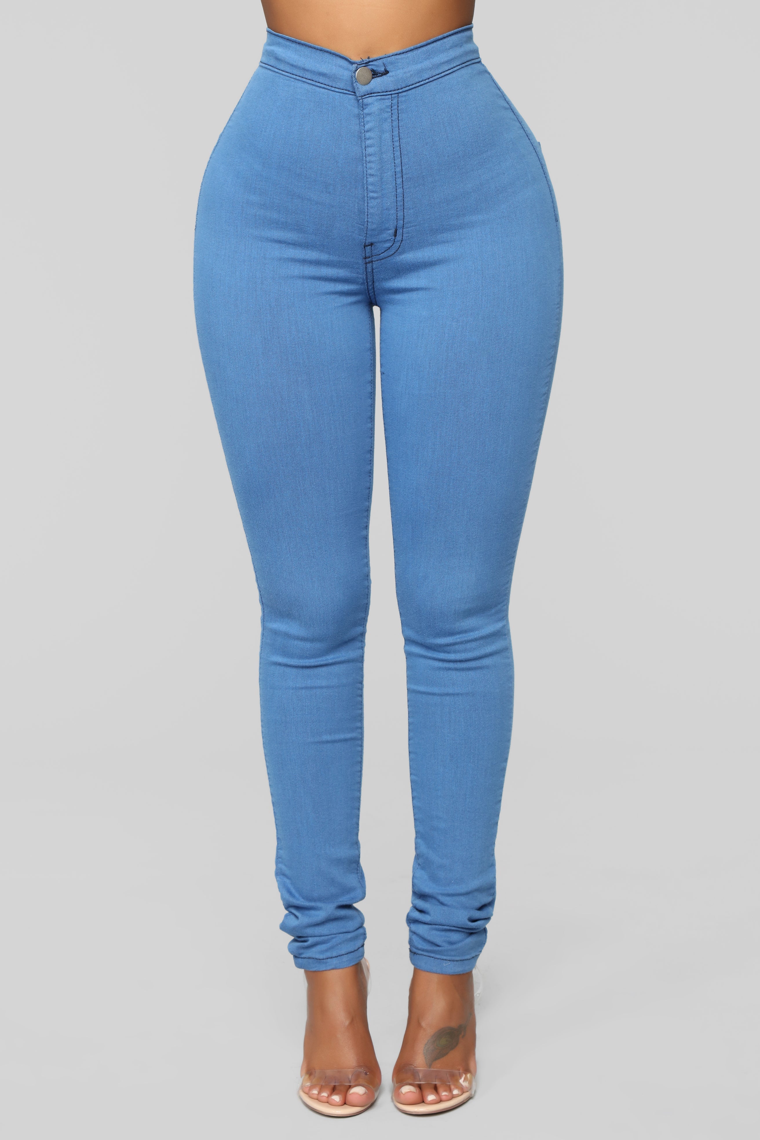 Super High Waist Denim Skinnies - Medium Blue Ins Street