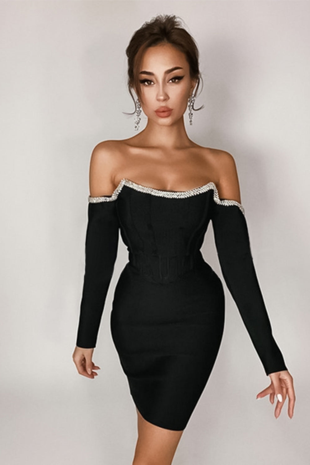 Off-Shoulder Long Sleeve Mini Dress with Rhinestone Detail Ins Street