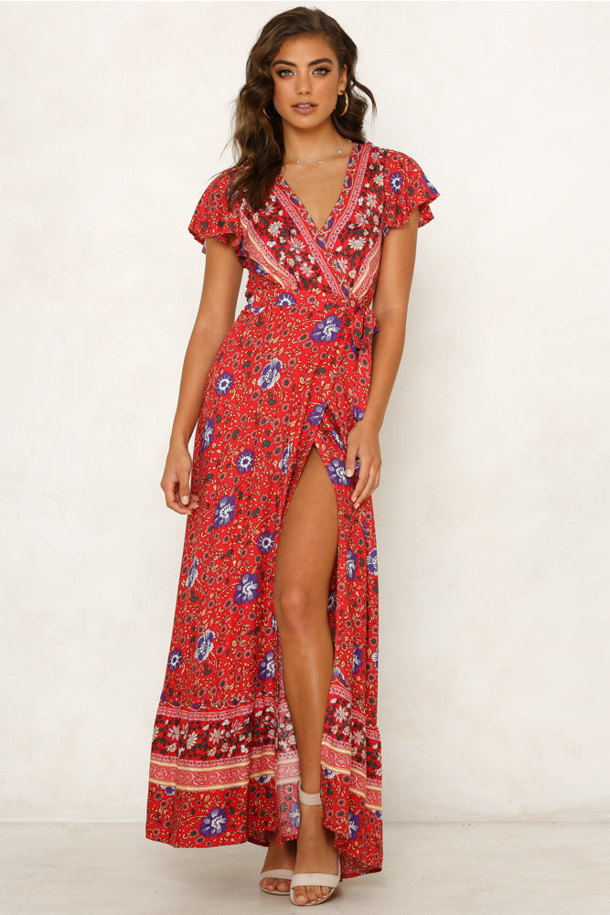 Mercury Printed Bardot Wrap Maxi Dress Ins Street