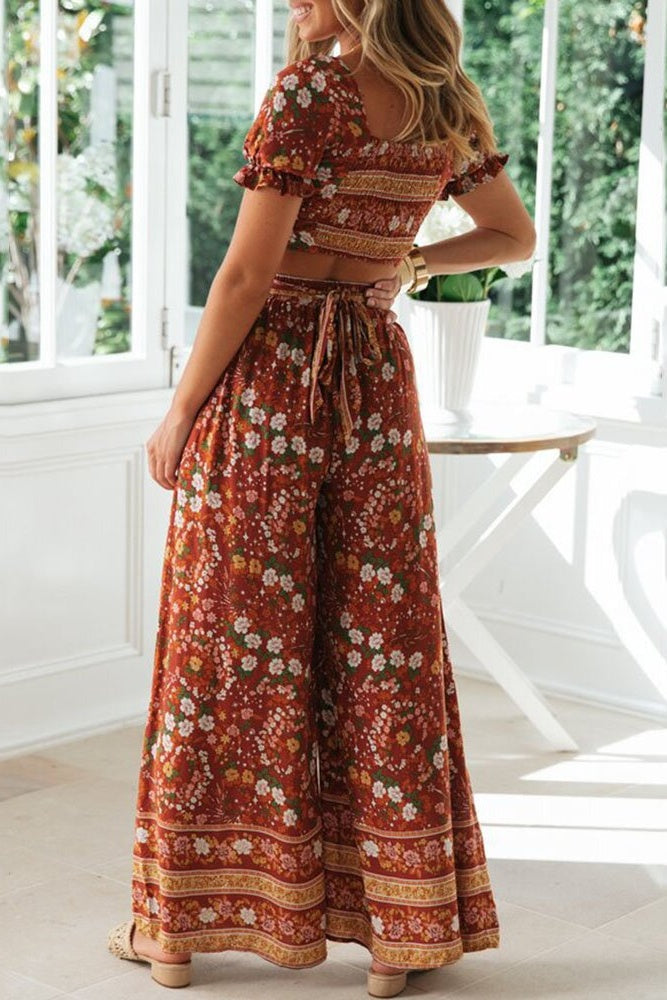 Floral Crop Top & Wide Legs Pants Two-Piece Set Ins street