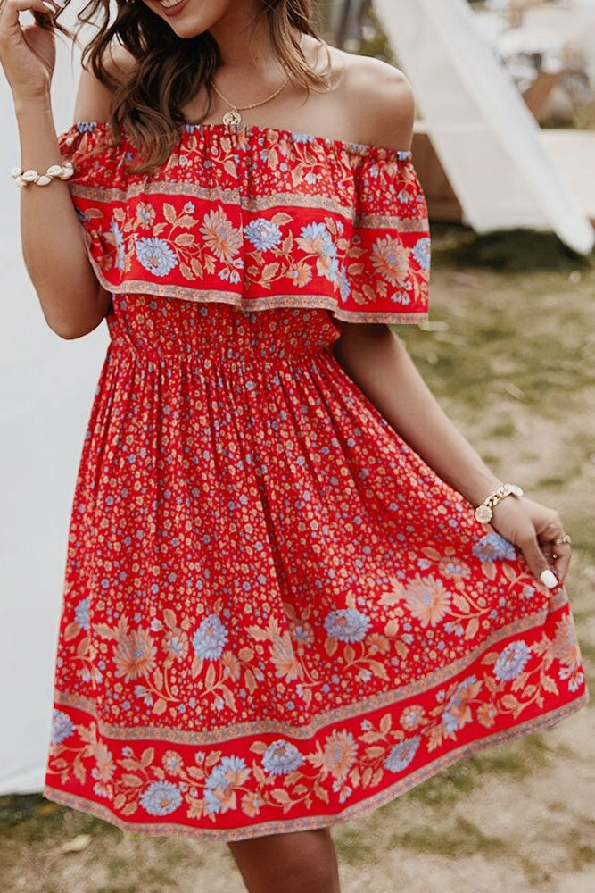 Floral Off-Shoulder Frill Mini Dress Ins street