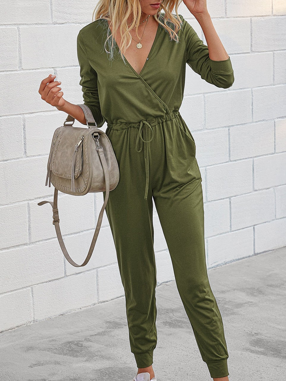 Deep V-Neck Long Sleeve Slim Fit Jumpsuit Ins Street