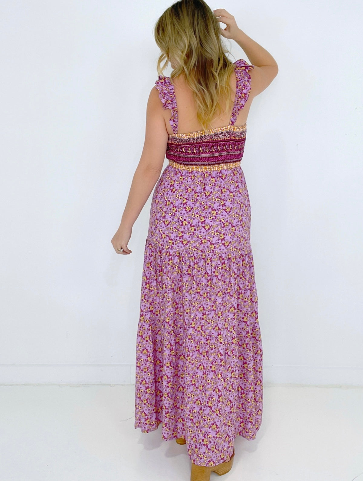 Pink Shirred Ruffled Sleeveless Floral Maxi Dress Kiwidrop