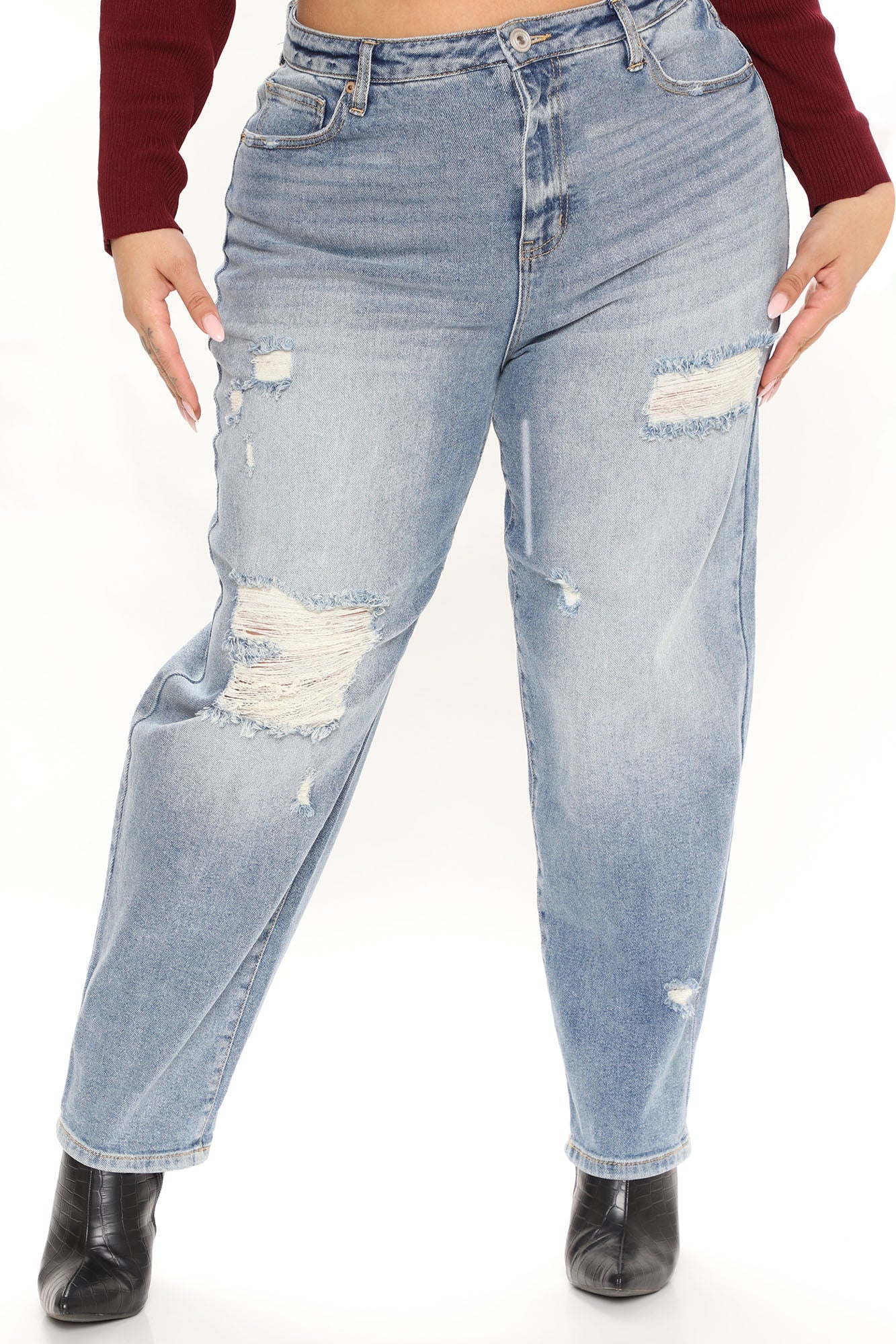 Your Other Boyfriend Distressed High Rise Jeans - Medium Blue Wash Ins Street