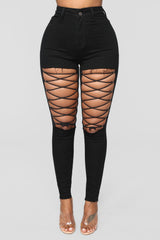 Nicola High Rise Lace Up Skinny Jeans - Black Ins Street