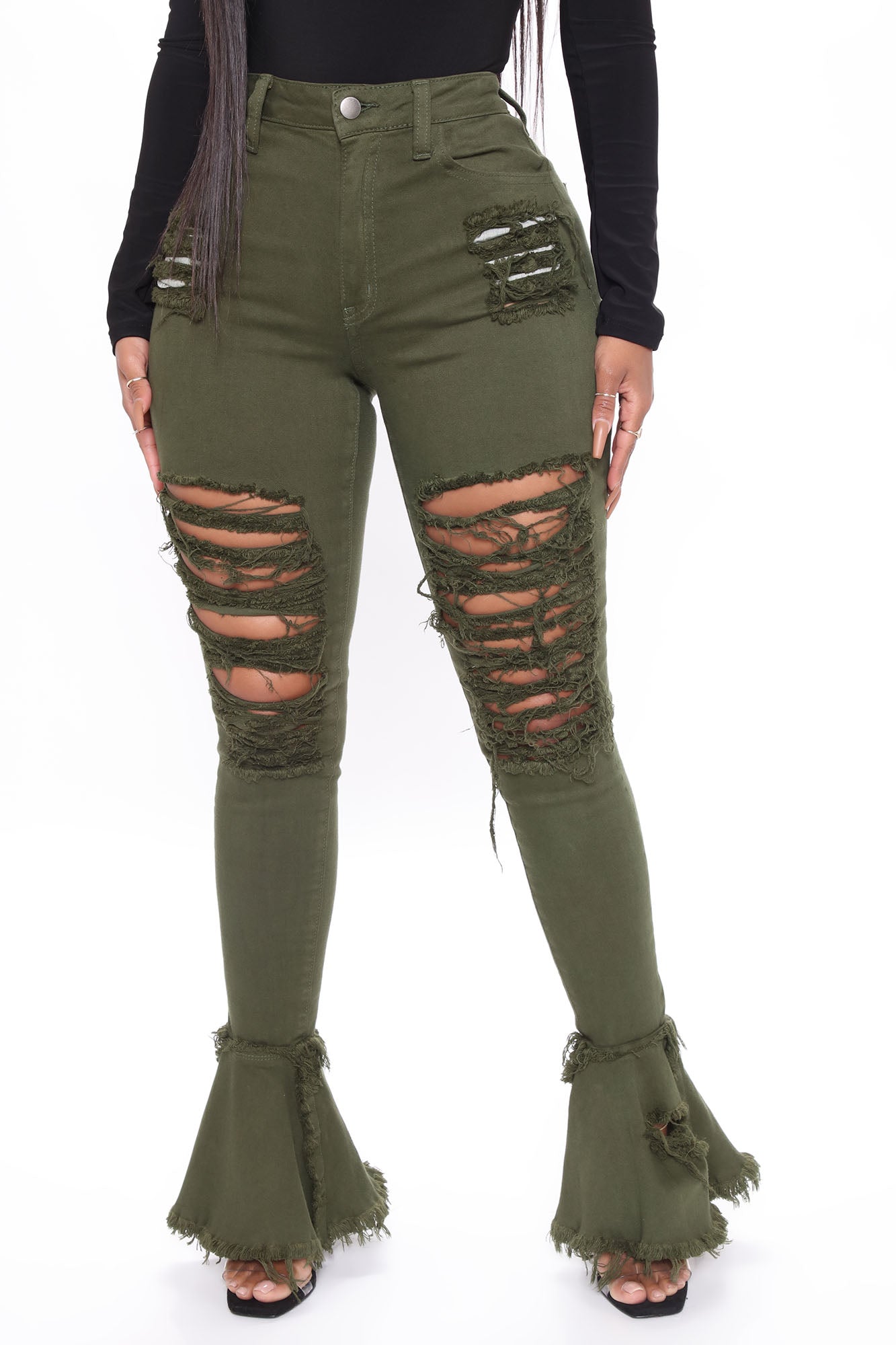 Fray What You Mean Flare Leg Jeans - Olive Ins Street