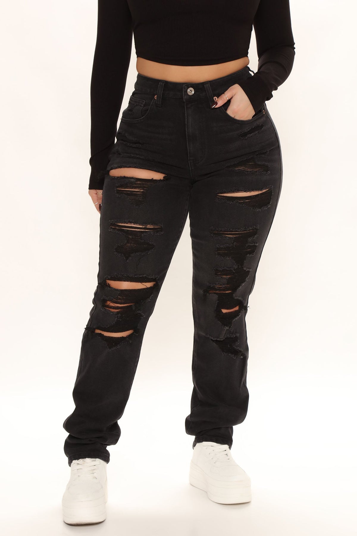 Favorite Getaway Destroyed Straight Leg Jeans - Black Ins Street