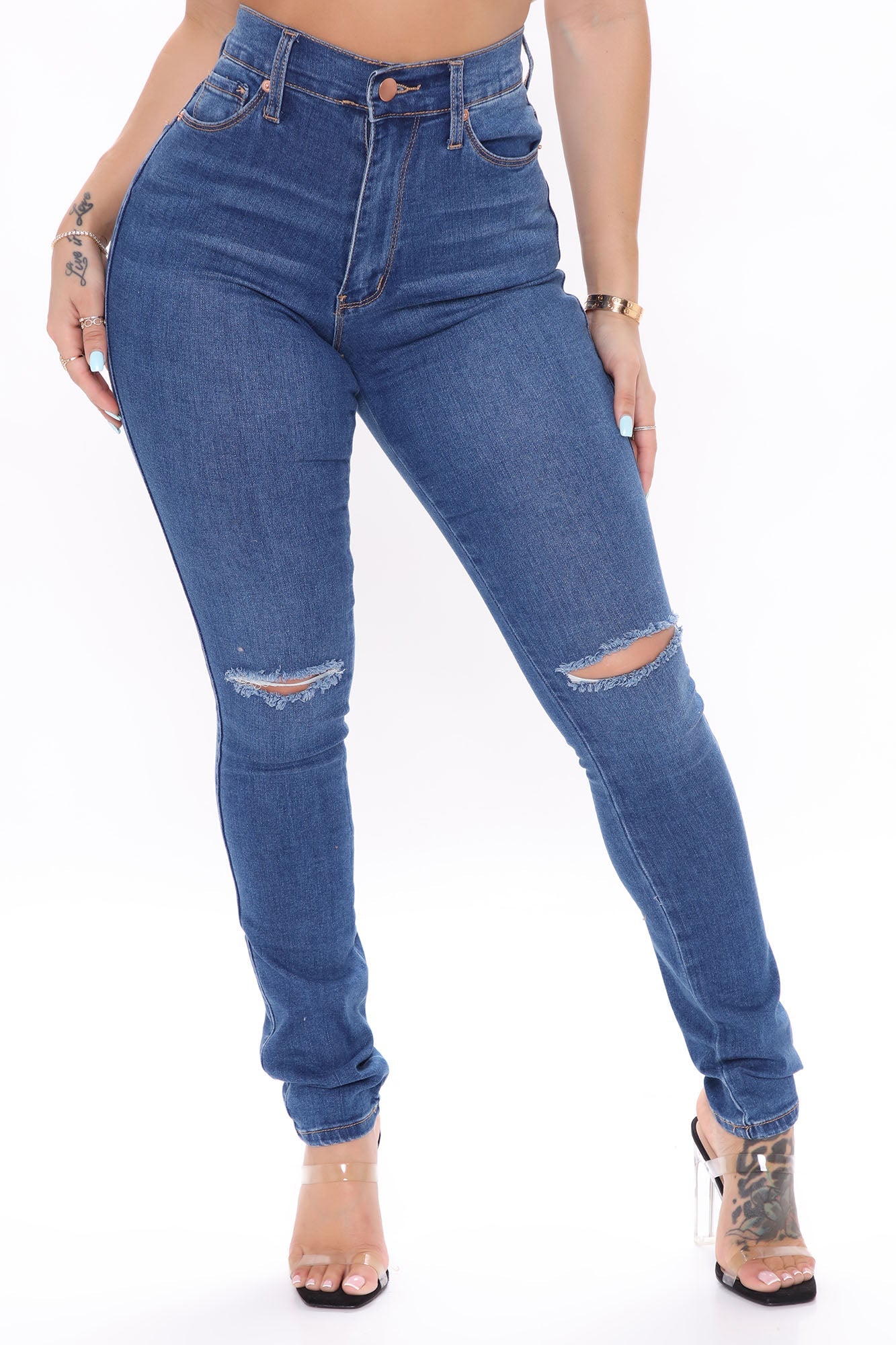 Kiara Slit Knee Stretch Skinny Jeans - Medium Blue Wash Ins Street