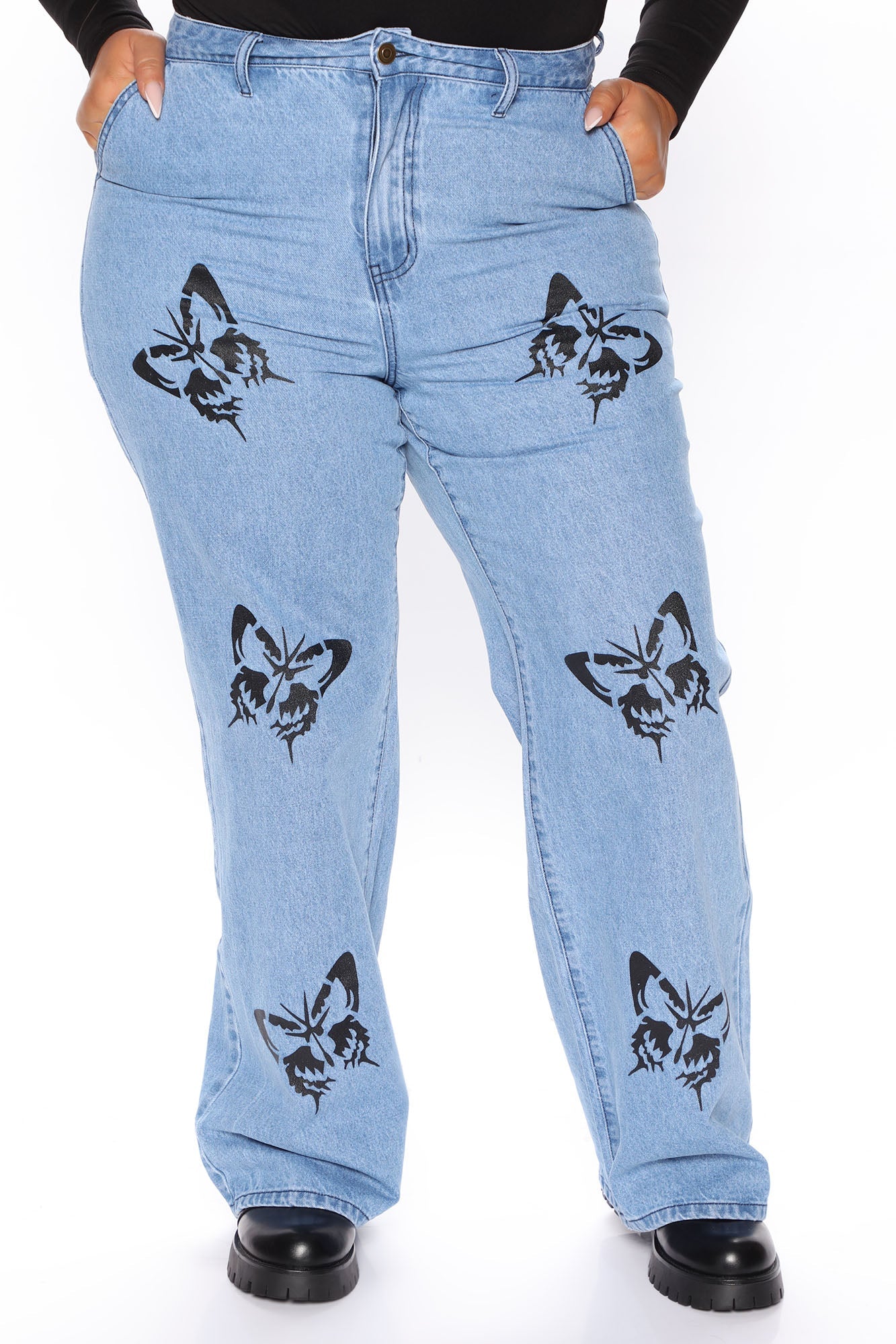 Butterfly Garden Non Stretch Straight Leg Jeans - Medium Blue Wash Ins Street
