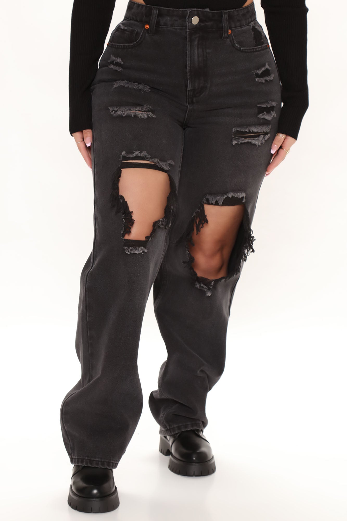 Tall Distressed Crossover Straight Leg Jeans - Black – InsStreet