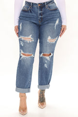 Harley Blown Knee Stretch Boyfriend Jeans - Medium Blue Wash Ins Street